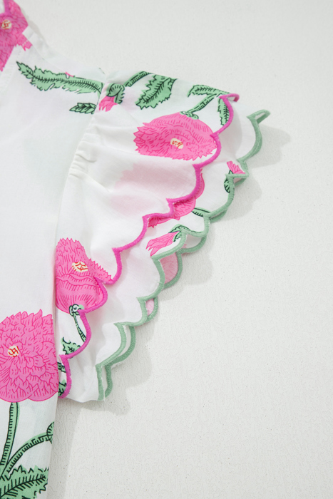 Floral  Print Scallop Trim Blouse | S-XL