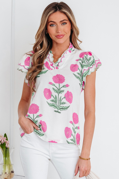 Floral  Print Scallop Trim Blouse | S-XL