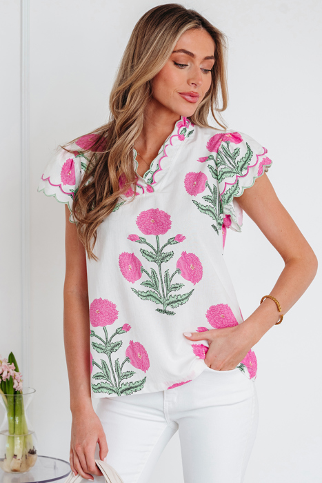 Floral  Print Scallop Trim Blouse | S-XL