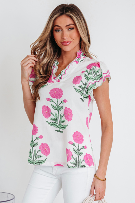 Floral  Print Scallop Trim Blouse | S-XL