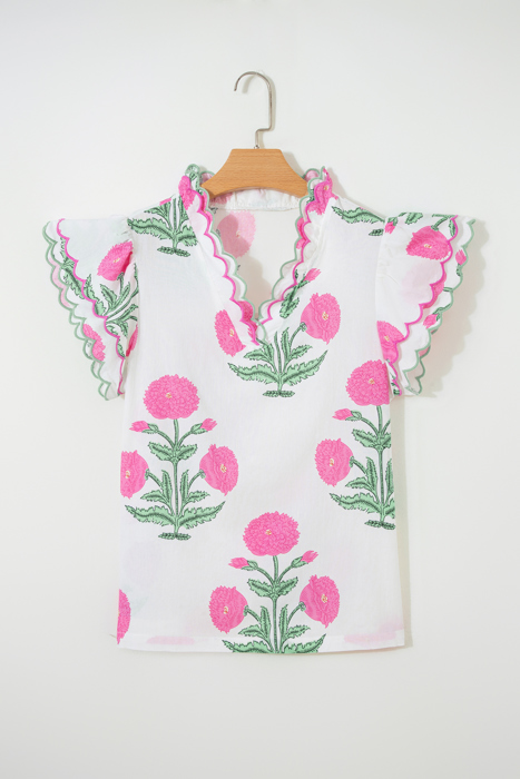 Floral  Print Scallop Trim Blouse | S-XL