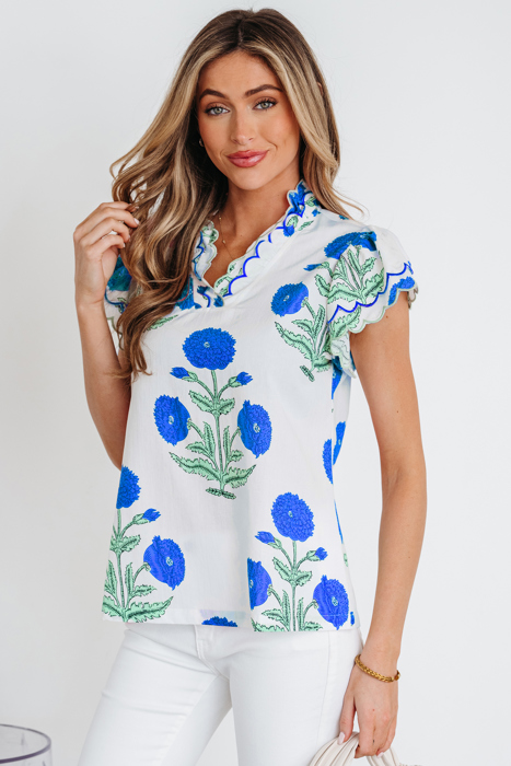 Floral  Print Scallop Trim Blouse | S-XL