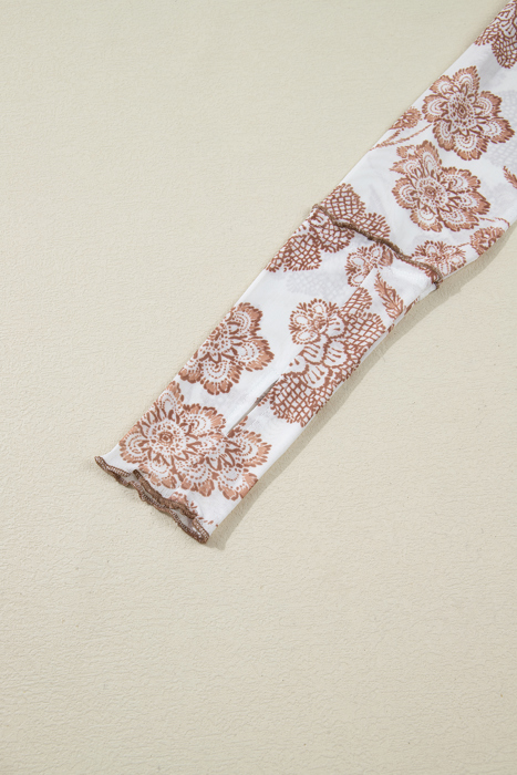 Thumbhole Long Sleeve Floral Print Mesh Top | S-XL