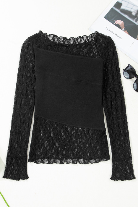 Asymmetric Panels Sheer Floral Lace Top | S-XL