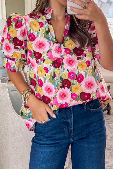 Floral Frilled  Puff Short Sleeve Blouse | S-XL
