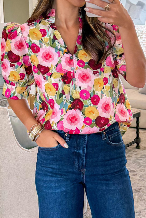 Floral Frilled  Puff Short Sleeve Blouse | S-XL