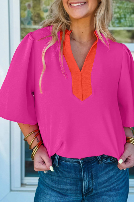 Split Tone Wide-Sleeve Blouse | S-XL