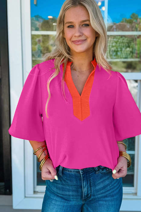 Split Tone Wide-Sleeve Blouse | S-XL