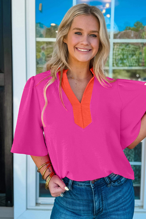 Split Tone Wide-Sleeve Blouse | S-XL