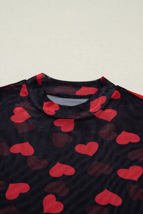 Valentines Heart Printed Sheer Mesh Long Sleeve Top | S-XL