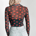  Valentines Heart Printed Sheer Mesh Long Sleeve Top | S-XL