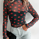  Valentines Heart Printed Sheer Mesh Long Sleeve Top | S-XL