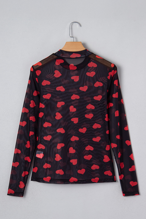 Valentines Heart Printed Sheer Mesh Long Sleeve Top | S-XL