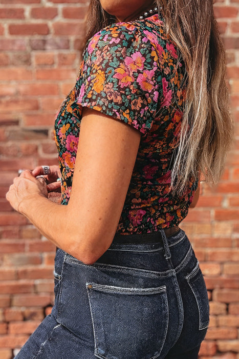 Retro Floral Printed Mesh Short Sleeve Top | S-XL