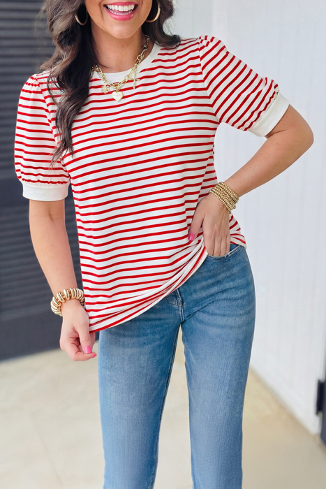 Stripe Trim Round Neck Short Puff Sleeve Top | S-XL