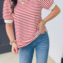  Stripe Trim Round Neck Short Puff Sleeve Top | S-XL