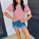  Stripe Trim Round Neck Short Puff Sleeve Top | S-XL