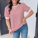 Stripe Trim Round Neck Short Puff Sleeve Top | S-XL