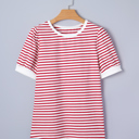 Stripe Trim Round Neck Short Puff Sleeve Top | S-XL