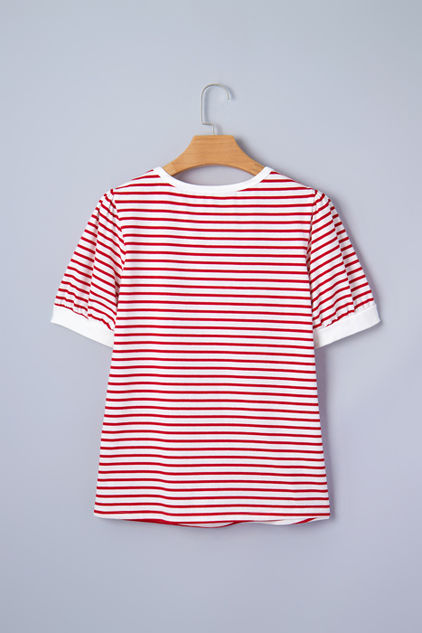 Stripe Trim Round Neck Short Puff Sleeve Top | S-XL