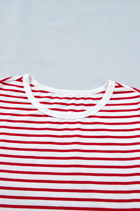 Stripe Trim Round Neck Short Puff Sleeve Top | S-XL