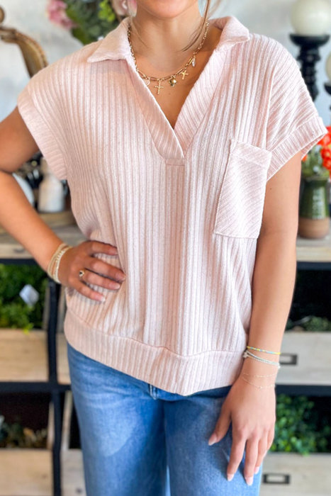 Sunny Day Collared Ribbed Pocket Top | S-XL