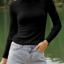 Small Black Knit Lettuce Trim High Neck Long Sleeve Top | S -2XL
