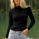  Knit Lettuce Trim High Neck Long Sleeve Top | S -2XL