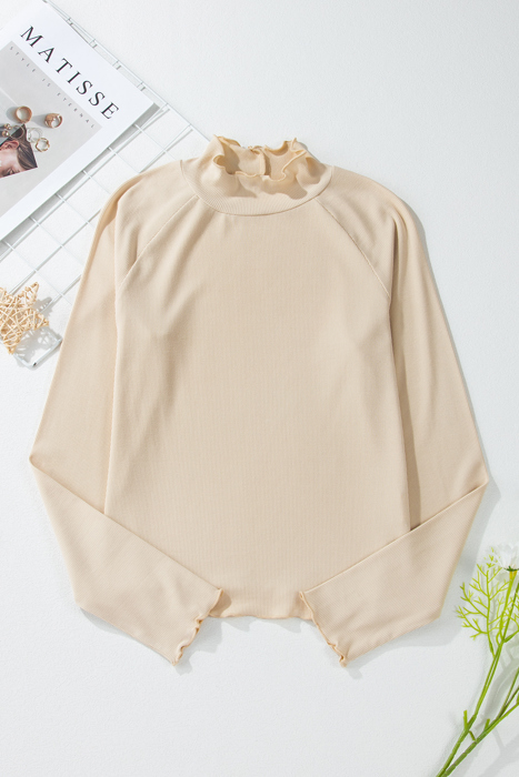 Knit Lettuce Trim High Neck Long Sleeve Top | S -2XL