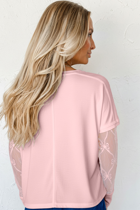 Bow Textured Sheer Long Sleeve Patchwork Tee | S-XL
