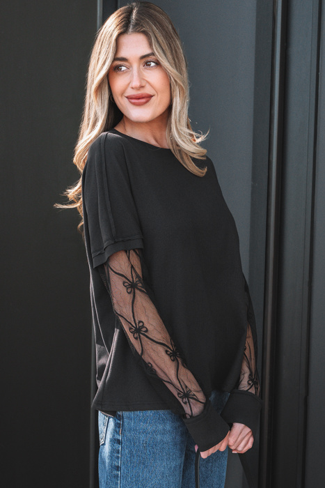 Bow Textured Sheer Long Sleeve Patchwork Tee | S-XL