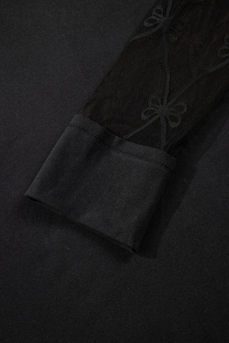 Bow Textured Sheer Long Sleeve Patchwork Tee | S-XL