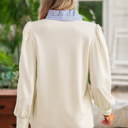   Button Striped Collar Patchwork Puff Sleeve Sweatshirt | S-XL