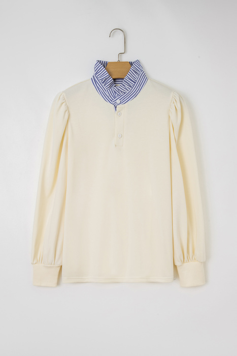  Button Striped Collar Patchwork Puff Sleeve Sweatshirt | S-XL