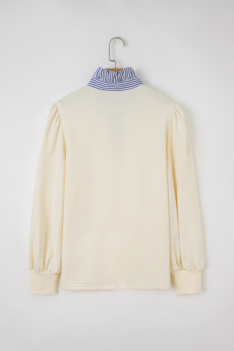  Button Striped Collar Patchwork Puff Sleeve Sweatshirt | S-XL
