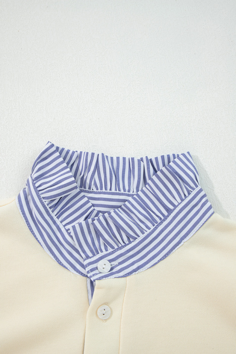  Button Striped Collar Patchwork Puff Sleeve Sweatshirt | S-XL