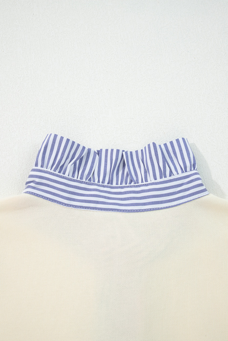  Button Striped Collar Patchwork Puff Sleeve Sweatshirt | S-XL