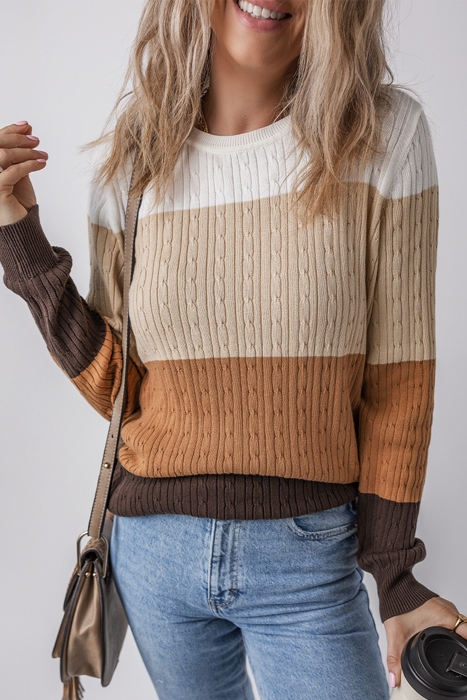 Colorblock Cable Knit Round Neck Sweater | S-XL