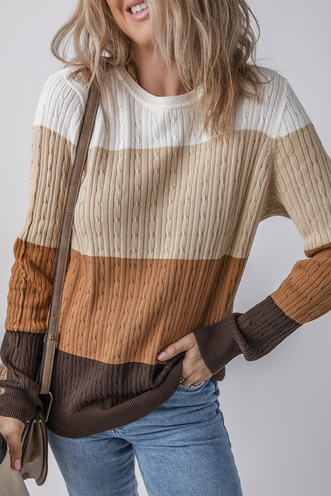 Colorblock Cable Knit Round Neck Sweater | S-XL