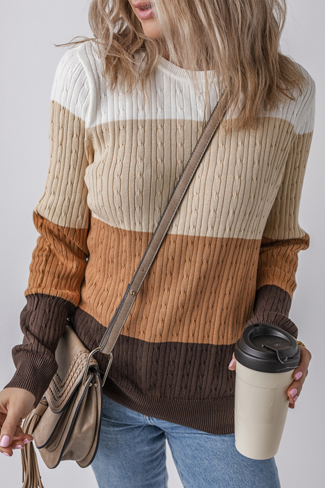Colorblock Cable Knit Round Neck Sweater | S-XL