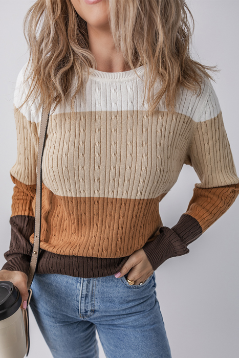 Colorblock Cable Knit Round Neck Sweater | S-XL