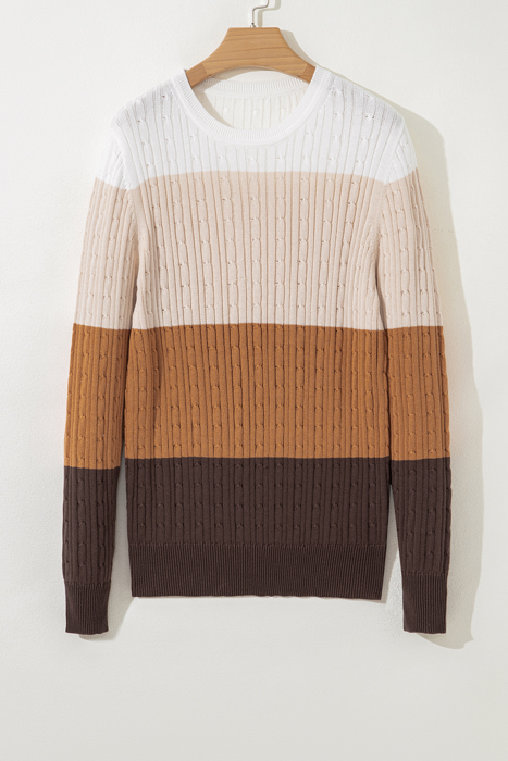 Colorblock Cable Knit Round Neck Sweater | S-XL