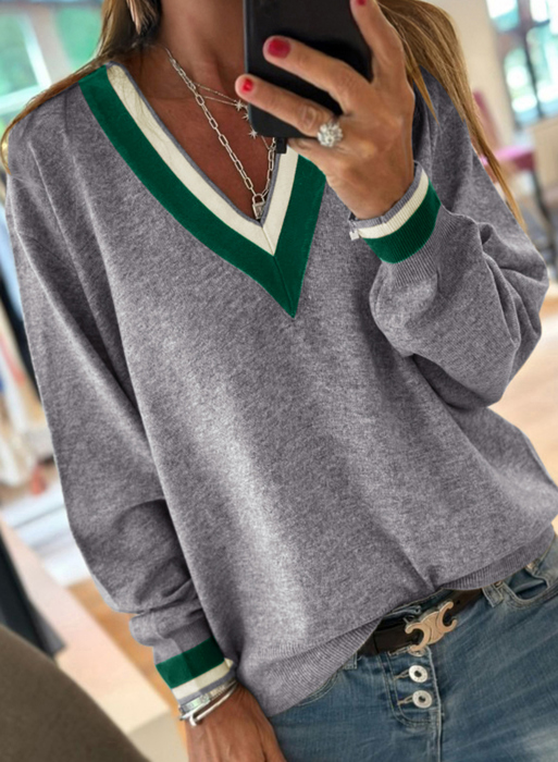 MY DREAM LIFE | Contrast Striped Trim V Neck Varsity Light Sweater | S-XL