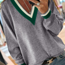  MY DREAM LIFE | Contrast Striped Trim V Neck Varsity Light Sweater | S-XL