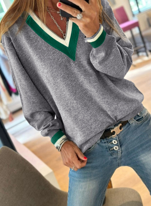 MY DREAM LIFE | Contrast Striped Trim V Neck Varsity Light Sweater | S-XL
