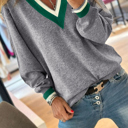  MY DREAM LIFE | Contrast Striped Trim V Neck Varsity Light Sweater | S-XL