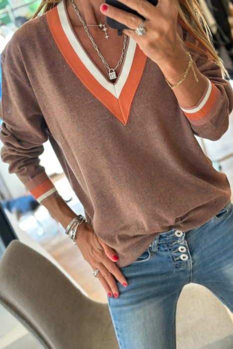 MY DREAM LIFE | Contrast Striped Trim V Neck Varsity Light Sweater | S-XL
