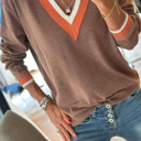  MY DREAM LIFE | Contrast Striped Trim V Neck Varsity Light Sweater | S-XL