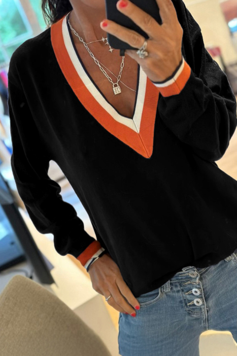 MY DREAM LIFE | Contrast Striped Trim V Neck Varsity Light Sweater | S-XL