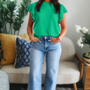  Solid Ribbed Trim Ruffle Short Sleeve Sweater | S-XL